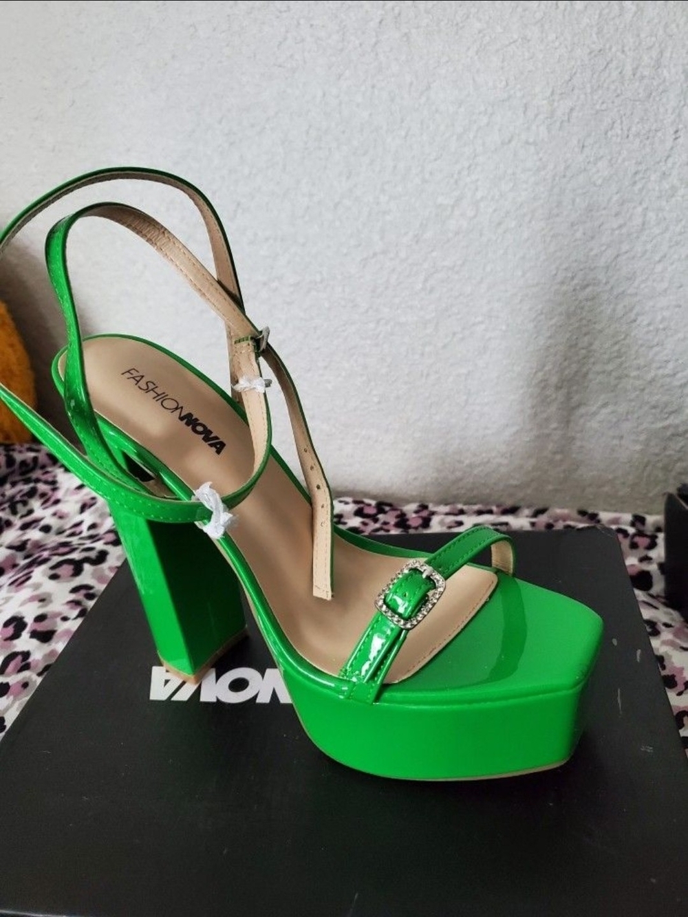 Fashion Nova Neon Green Patent Platform Heels
